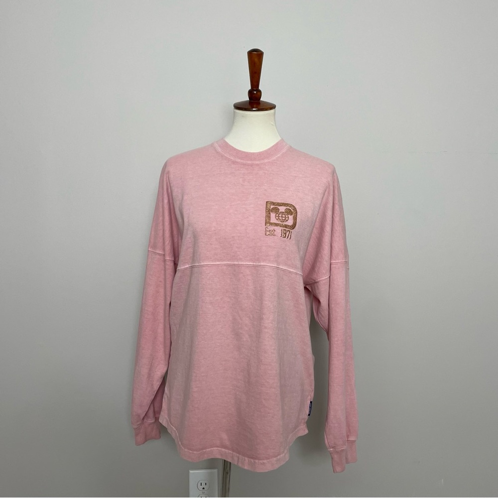 Disney World Shirt Spirit Jersey Long Sleeve Graphic Logo Acid Washed Pink Gold